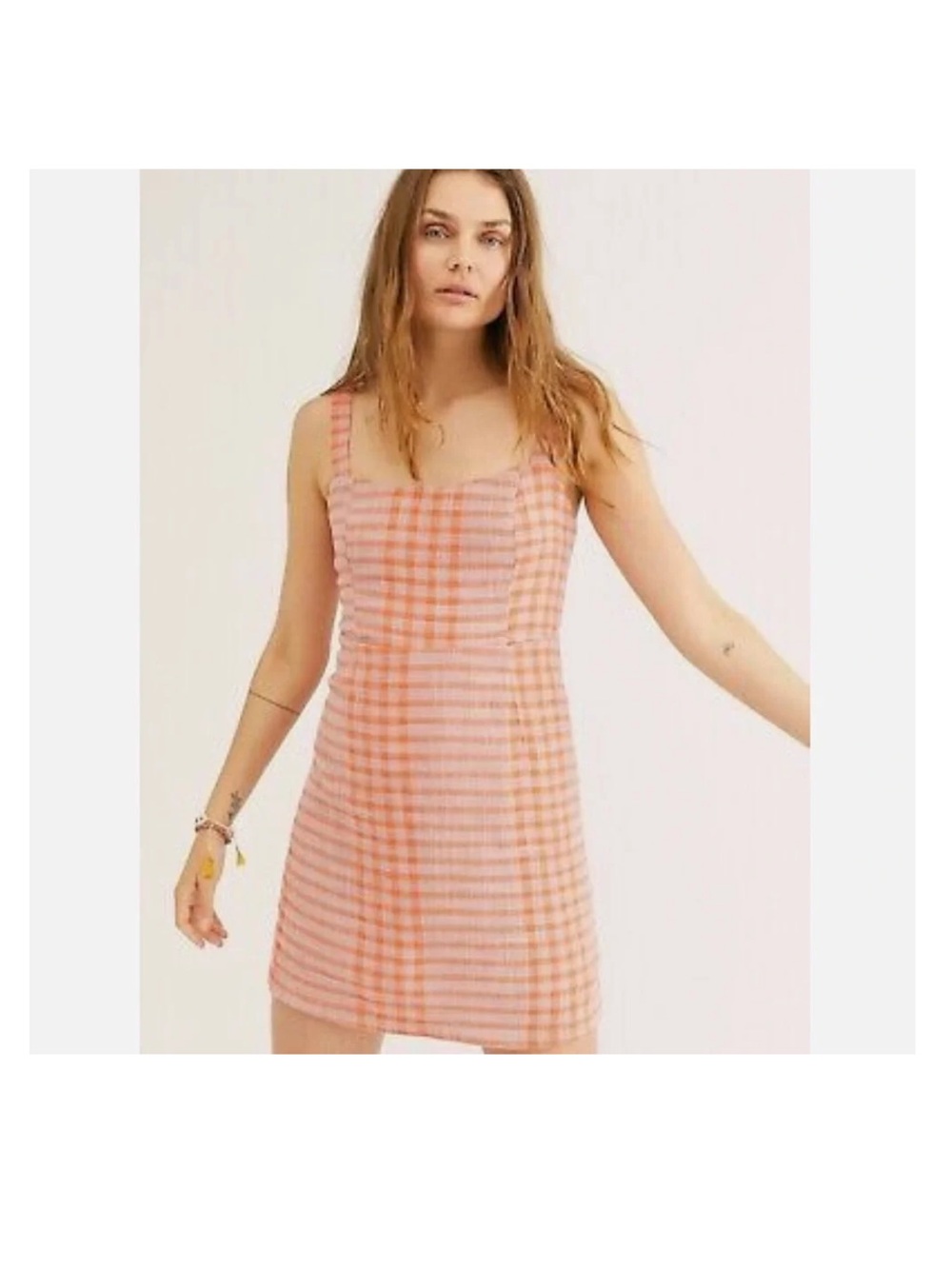 Free people gingham dress orange and pink